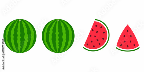 Illustration of whole and sliced watermelons with green rind and red flesh