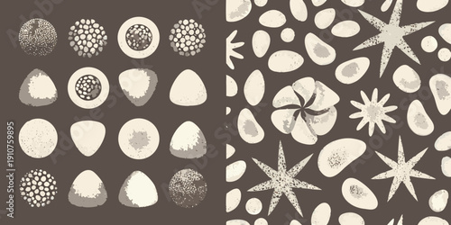 Abstract botanical illustration with varied shapes and dotted textures