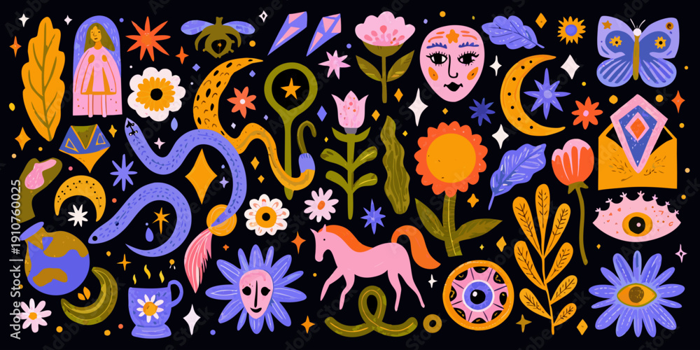 Fototapeta premium Whimsical illustration of celestial and floral motifs with mystical creatures