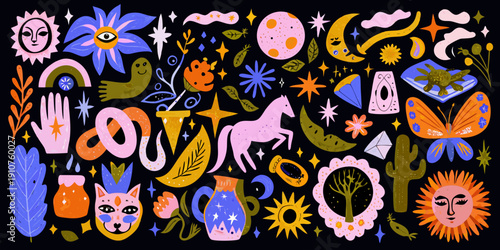 Whimsical illustration featuring celestial bodies animals and botanical elements