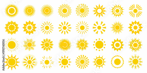 Collection of vibrant yellow sun icons and radiant starburst designs