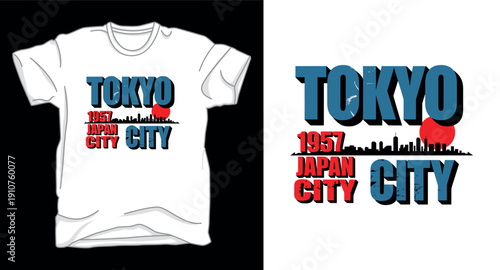 Vintage Tokyo city t-shirt design with skyline silhouette and retro typography 1957 Japan city street wear print