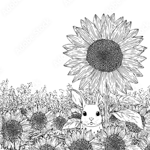 Cute rabbit hiding in a field of sunflowers black and white illustration peaceful garden scene with a curious bunny