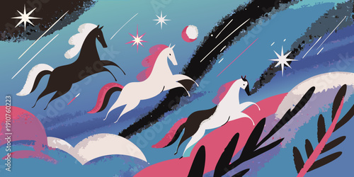 Stylized illustration of rearing white and black horses in a magical landscape