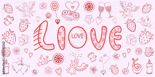 A whimsical doodle collage featuring hearts strawberries and the word love