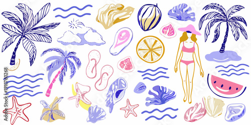 Colorful summer doodles featuring tropical elements beach items and a sunbather