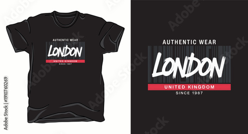 Modern London t-shirt design with brush script typography and barcode background united kingdom since 1987 print