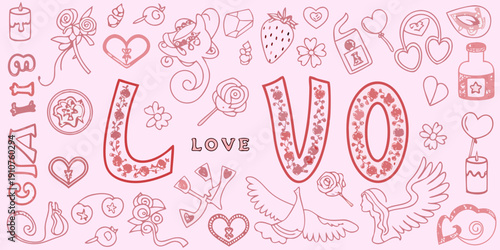 A playful illustration featuring the word love surrounded by romantic doodles