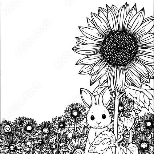 Cute bunny rabbit hiding behind large sunflower in garden field with flowers black and white line art illustration