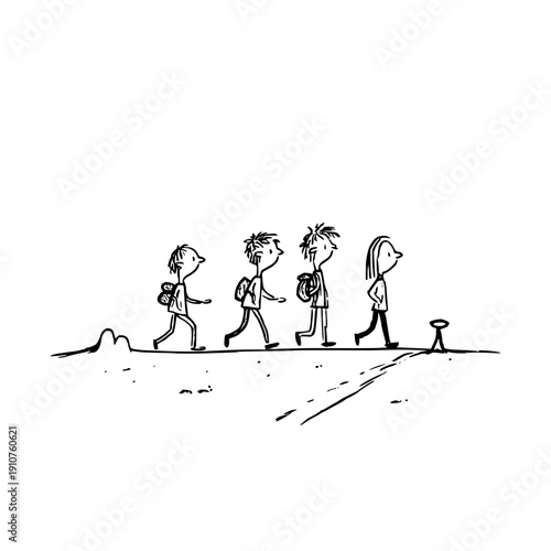 Four people walking in line on a path with backpacks on a plain background