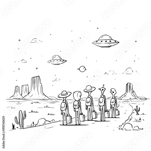 Alien abduction concept with cowboy silhouettes in desert landscape at dusk