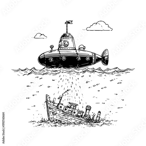 Vintage submarine exploring ocean floor discovering sunken shipwreck with treasure illustration