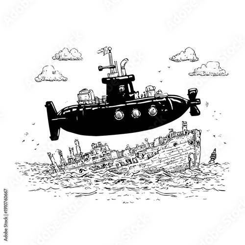 Tugboat rescues sinking ship in stormy weather with clouds