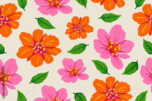 Seamless floral pattern with vivid orange and pink blossoms, fresh green leaves on a light background, cheerful, bold, and perfect for lively prints.
