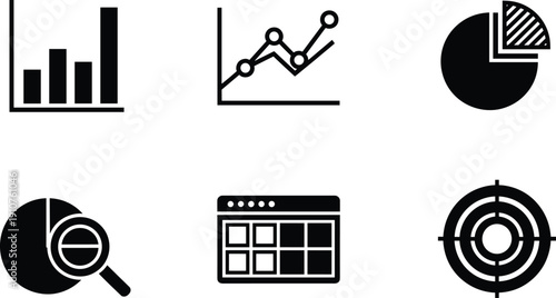 Black and white business infographic bar chart line graph business, infographic, black and white, bar chart, line graph, pie chart, magnifying glass, browser window, target, graphs, charts, data, anal