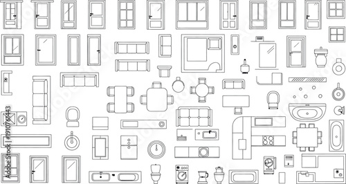 A collection of various architectural elements and furniture designs isolated on transparent background