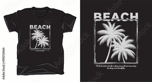 Tropical beach t-shirt design featuring palm trees in square frame with inspirational quote