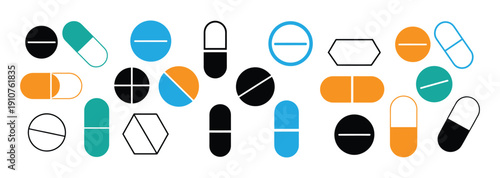 medicine  pills  capsules  icon. Minimalist medical icon set featuring capsules and pills in outline and solid styles for healthcare and pharmacy concepts.