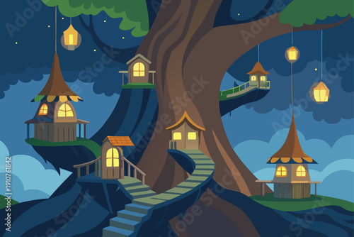 Village Built Into Giant Tree Trunks With Lanterns