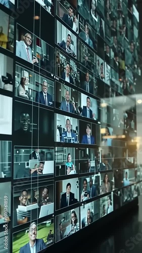 Multiple video conference calls displayed on a large digital screen in a modern office environment with blurred background.