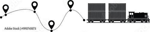 Freight train logistics vector icon with shipping containers and dotted route map pins for global transport supply chain tracking illustration.