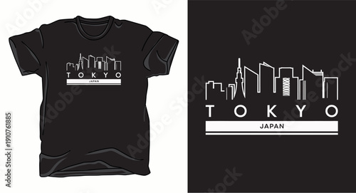 Tokyo japan t-shirt design with stylized cityscape skyline and clear typography