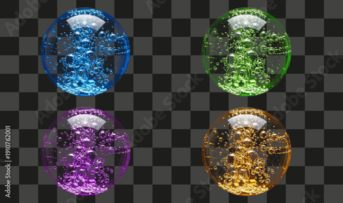 Effervescent Spheres Realistic Glass Orbs Containing Liquid Bubbles Blue Green Purple Orange Isolated Image