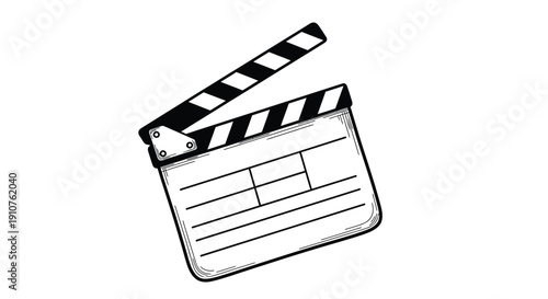 Simple black and white line art drawing of a classic film clapperboard isolated on a clean white background ready for production notes