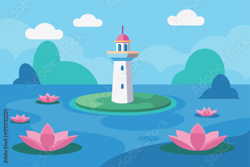 Windswept Lighthouse Floating On Giant Lily Pad