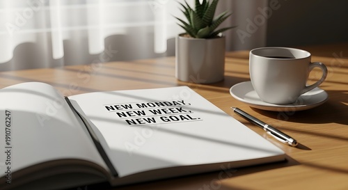 Motivational quote ‘New Monday, New Week, New Goal’ displayed on a minimal desk scene with notebook, coffee cup, and soft morning light.