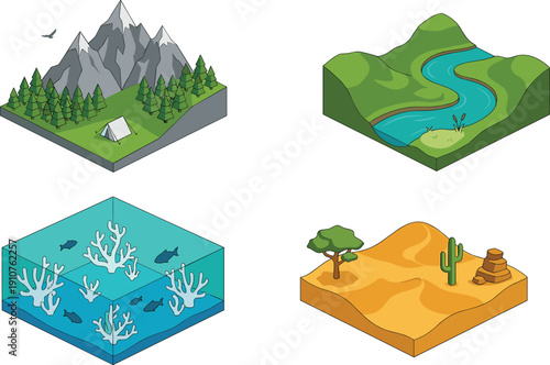 Isometric landscape vector set with mountain camp, winding river, coral reef ocean, and desert dunes for map design and geography.