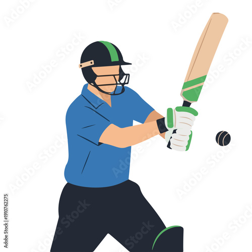 Dynamic illustration of a male cricketer in blue uniform and protective gear, actively playing a powerful shot during a thrilling match, showcasing skill and focus on the field