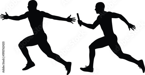 Two silhouetted runners passing a baton in a relay race action athletic event