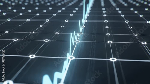 Digital glowing blue graph line rises sharply on dark grid background representing financial growth, data analysis, and futuristic technology concept in business and finance.