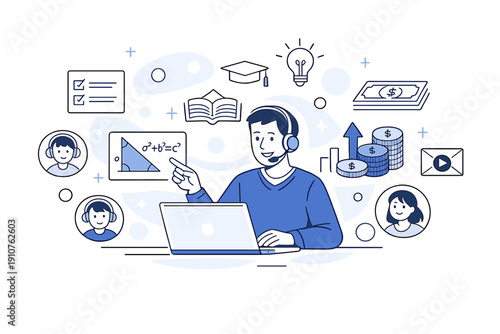 Virtual Tutoring Success. Online Education and Tutoring Income. Tutor teaching through a laptop as lesson