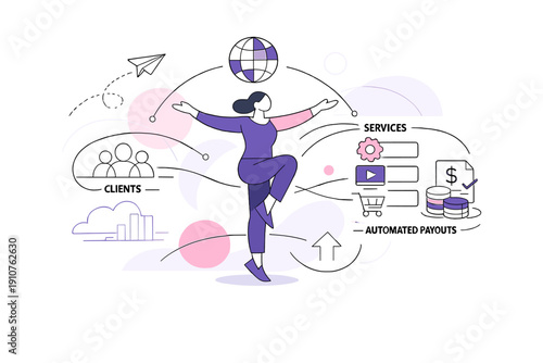 Image Generation. Future Digital Services Platform. Abstract human figure connected to clients, service