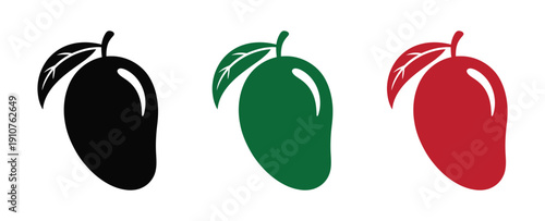Mango, silhouette icons set with lettering.  Simple mango icons  White black backgrounds, Mango icon set vector For Web and mobile apps. 