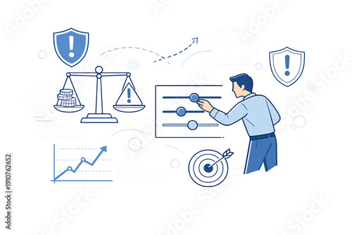 Image Generation. Risk Management in Investments. Investor adjusting risk sliders while warning shields,