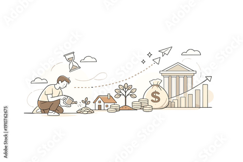 Cultivating Financial Growth. Building Wealth Over Time. Person nurturing small assets that grow into strong