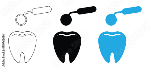 Dental inspection tooth icon showing approved oral hygiene care illustration. Black silhouette of dental tools and tooth icon.
