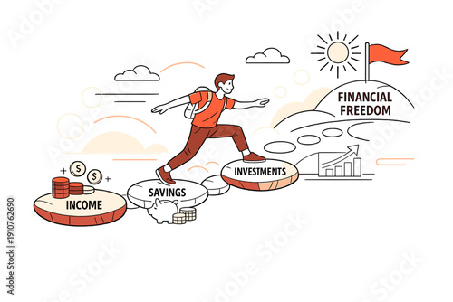 Image Generation. Path to Financial Freedom. Person balancing income, savings, and investments as stepping