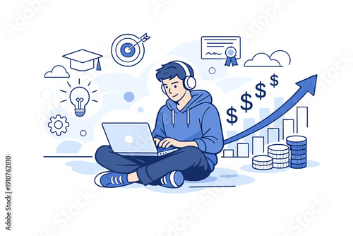 Image Generation. Online Learning for Income Growth. Focused learner studying on a laptop while skill icons