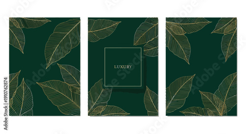 Elegant vertical triptych design featuring golden line art tropical leaves set against a deep emerald green background suggesting upscale branding or decorative packaging material