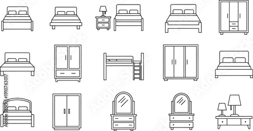 Collection of furniture line drawings isolated on transparent background