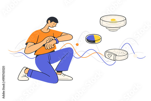 Image Generation. Smart Wellness Hardware Devices. A human figure interacts with compact wellness gadgets, a