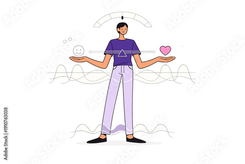 Image Generation. Digital Mental Balance Tools. A human figure stands centered as transparent balance lines,