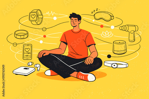 Image Generation. Connected Wellness Device Ecosystem. Multiple smart wellness devices float in a balanced