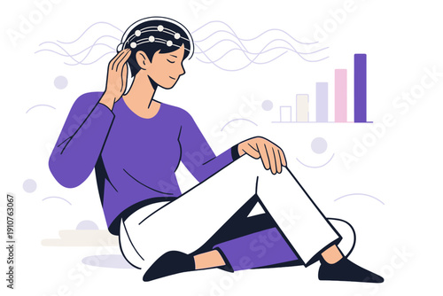 Image Generation. Neural Health Monitoring Equipment. A calm human figure wears subtle head-mounted sensors,