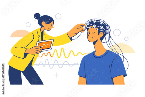 Image Generation. Brain Signal Monitoring Devices. A close-up head and upper body show outlined electrodes and