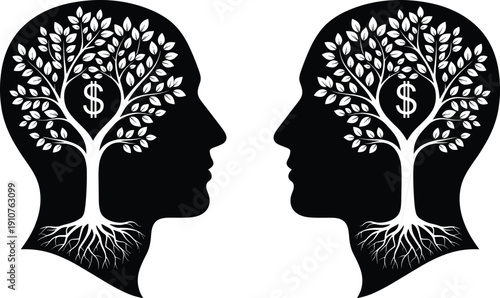 Human head silhouette with money tree and dollar sign, financial growth mindset vector for wealth management, banking, and investment psychology.